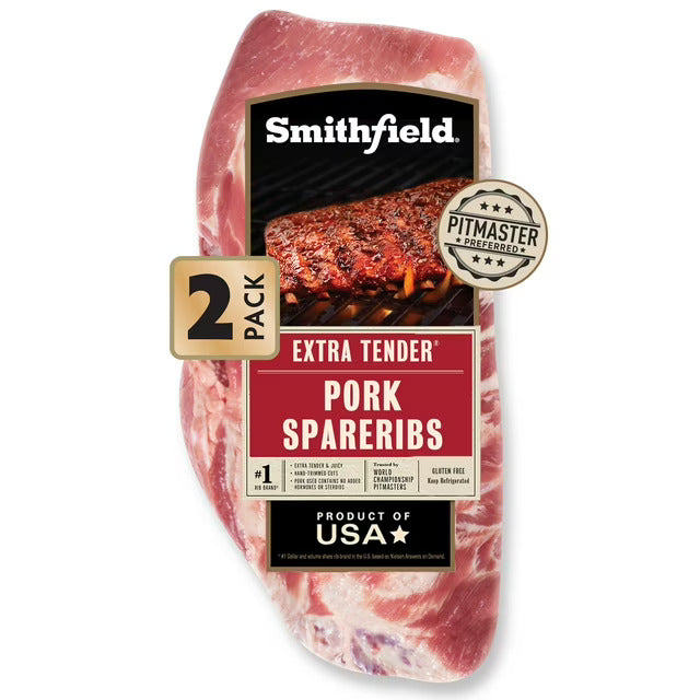 SMITHFIELD FRESH PORK SPARERIBS 11 LB AVG ($2.42LB) 2 PACK # ROCK VALUE PRODUCT. ORDER BY  WEDNESDAY EVENING AUG 19 FOR AUG 27 DELIVERY#