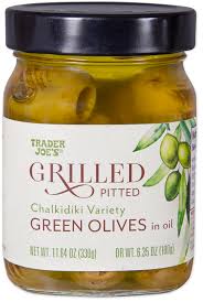 TRADER JOES GRILLED PITTED GREEN OLIVES 11.64 OZ #ROCK VALUE-ORDER BY TUESDAY EVENING OCT 28 ARRIVING NOV 05 FOR DELIVERY#