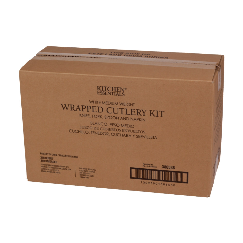 Kitchen Essentials Medium-Weight Plastic ForkKnifeSpoon Cutlery Kits, White, with Napkin, Polypropylene, 250Case