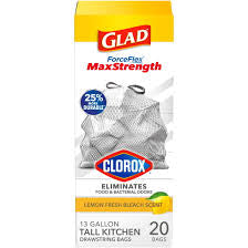 GLAD FORCE FLEX MAXSTRENGTH WITH CLOROX LEMON FRESH 13 GAL TALL KITCHEN BAGS 20 CT