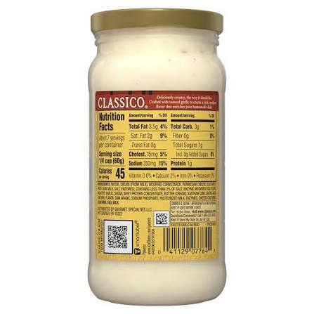 CLASSICO ROASTED GARLIC ALFREDO PASTA SAUCE 15 OZ