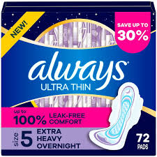 ALWAYS ULTRA THIN  EXTRA HEAVY OVERNIGHT PADS with WINGS SIZE 5, 72 CT