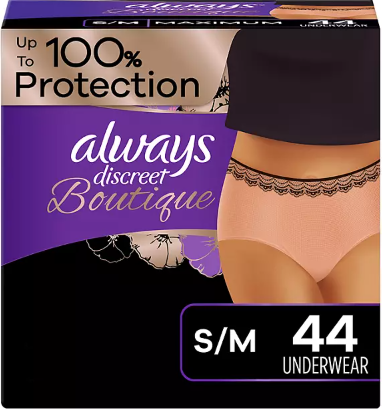 ALWAYS DISCREET BOUTIQUE INCONTINENCE UNDERWEAR MAXIMUM SMALL MEDIUM 44 CT #ROCK VALUE-ORDER BY  TUESDAY EVENING SEP 30 ARRIVING OCT 08 FOR DELIVERY#