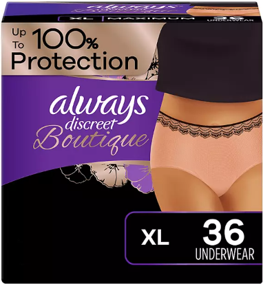 ALWAYS DISCREET BOUTIQUE INCONTINENCE UNDERWEAR MAXIMUM SMALL MEDIUM 44 CT #ROCK VALUE-ORDER BY  TUESDAY EVENING SEP 30 ARRIVING OCT 08 FOR DELIVERY#