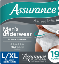 ASSURANCE MEN'S INCONTINENCE  UNDERWEAR, MAXIMUM ABSORBENCY SMALL MEDIUM 19 CT #ROCK VALUE-ORDER BY  TUESDAY EVENING AUGUST 05 ARRIVING AUGUST 13 FOR DELIVERY# (Copy)