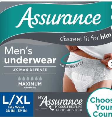 ASSURANCE MEN'S INCONTINENCE  UNDERWEAR, MAXIMUM ABSORBENCY SMALL MEDIUM 19 CT #ROCK VALUE-ORDER BY  TUESDAY EVENING AUGUST 05 ARRIVING AUGUST 13 FOR DELIVERY# (Copy)