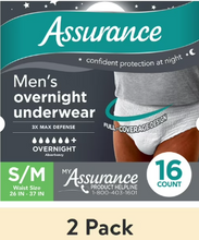 ASSURANCE MEN'S INCONTINENCE UNDERWEAR OVERNIGHT SMALL MEDIUM 16 CT #ROCK VALUE-ORDER BY  TUESDAY EVENING SEP 30 ARRIVING OCT 08 FOR DELIVERY#