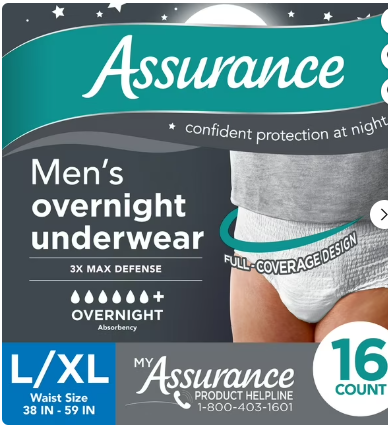 ASSURANCE MEN'S INCONTINENCE UNDERWEAR OVERNIGHT SMALL MEDIUM 16 CT #ROCK VALUE-ORDER BY  TUESDAY EVENING SEP 30 ARRIVING OCT 08 FOR DELIVERY#