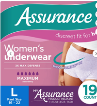 ASSURANCE WOMEN'S INCONTINENCE AND POSTPARTUM UNDERWEAR, MAXIMUM ABSORBENCY SMALL MEDIUM 19 CT #ROCK VALUE-ORDER BY  TUESDAY EVENING SEP 30 ARRIVING OCT 08 FOR DELIVERY#
