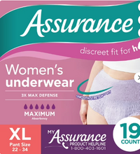 ASSURANCE WOMEN'S INCONTINENCE AND POSTPARTUM UNDERWEAR, MAXIMUM ABSORBENCY SMALL MEDIUM 19 CT #ROCK VALUE-ORDER BY  TUESDAY EVENING SEP 30 ARRIVING OCT 08 FOR DELIVERY#