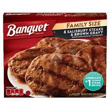 BANQUET FAMILY SIZE SALISBURY STEAKS AND BROWN GRAVY 27 OZ # ROCK VALUE PRODUCT. ORDER BY  WEDNESDAY EVENING NOV 14 FOR NOV 19 DELIVERY#