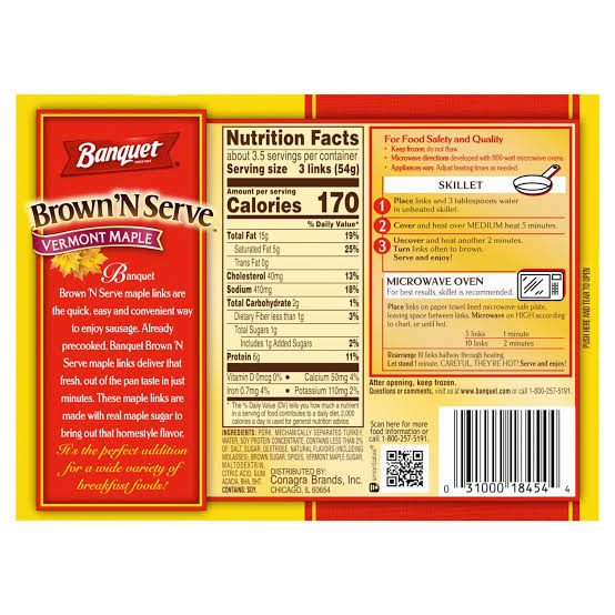 BANQUET BROWN ‘N SERVE 10 FULLY COOKED VERMONT MAPLE SAUSAGE LINKS 6.4 OZ