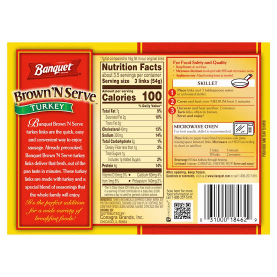 BANQUET BROWN ‘N SERVE 10 TURKEY FULLY COOKED  SAUSAGE LINKS 6.4 OZ