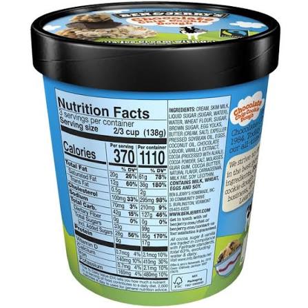 BEN & JERRY'S CHOCOLATE CHIP COOKIE DOUGH VANILLA ICE CREAM 1 PINT