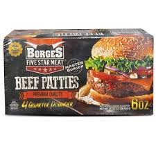 BORGES  100% ALL NATURAL BEEF 6OZ BURGERS 4 CT 1.5LBS # ROCK VALUE PRODUCT. ORDER BY  WEDNESDAY EVENING NOV 14 FOR NOV 19 DELIVERY#