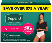 DEPEND FRESH PROTECTION INCONTINENCE UNDERWEAR FOR WOMEN, MAXIMUM ABSORBENCY SMALL 19 CT#ROCK VALUE-ORDER BY TUESDAY EVENING OCT 07 ARRIVING OCT 15 FOR DELIVERY#