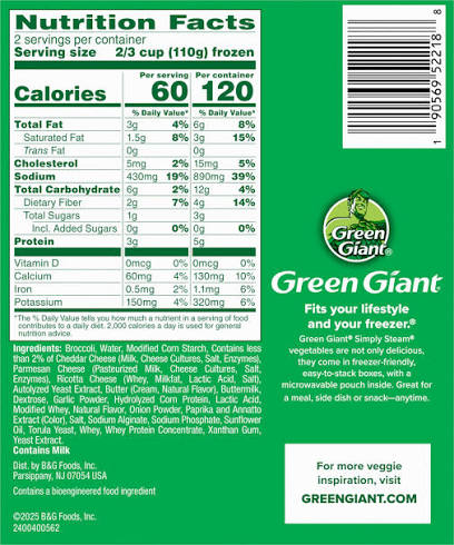 GREEN GIANT SIMPLY STEAM BROCCOLI & CHEESE SAUCE 10 OZ