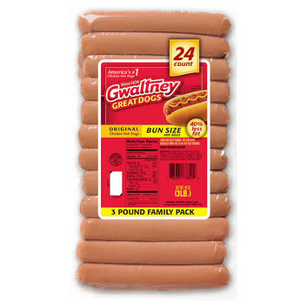 GWALTNEY BUN LENGTH CHICKEN HOT DOGS 3 LB 24 CT