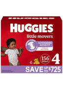 HUGGIES LITTLE MOVERS PERFECT FITTING DIAPERS 156 CT (22-37LBS) SIZE 4 #ROCK VALUE PRODUCT ORDER BY MONDAY NOV 19 ARRIVING NOV 27 FOR DELIVERY#