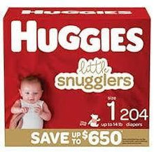 HUGGIES LITTLE SNUGGLERS DIAPERS 204 CT (8-14 LBS) SIZE 1 #ROCK VALUE PRODUCT ORDER BY MONDAY NOV 19 ARRIVING NOV 27 FOR DELIVERY#