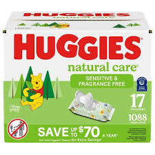 HUGGIES NATURAL CARE SENSITIVE BABY WIPES FRAGRANCE FREE 17 PK 1088 CT #ROCK VALUE PRODUCT ORDER BY MONDAY NOV 19 ARRIVING NOV 27 FOR DELIVERY#