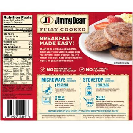 JIMMY DEAN FULLY COOKED ORIGINAL PORK SAUSAGE PATTIES 9.6 OZ