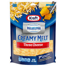 KRAFT THREE CHEESE BLEND SHREDDED CHEESE WITH A TOUCH OF PHILADELPHIA CREAMY MELT 8 OZ  #ROCK VALUE-ORDER BY THURSDAY EVENING AUG 19  ARRIVING AUG 27  FOR DELIVERY#