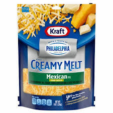 KRAFT MEXICAN STYLE FOUR CHEESE BLEND SHREDDED CHEESE WIT A TOUCH OF PHILADELPHIA CREAMY MELT 8 OZ #ROCK VALUE-ORDER BY THURSDAY EVENING AUG 19  ARRIVING AUG 27  FOR DELIVERY#