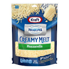 KRAFT MOZZARELLA SHREDDED  CHEESE WITH A TOUCH OF PHILADELPHIA  CREAMY MELT 8 OZ #ROCK VALUE-ORDER BY THURSDAY EVENING AUG 19  ARRIVING AUG 27  FOR DELIVERY#