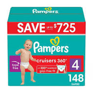 PAMPERS CRUISERS 360 DIAPERS GAP FREE FIT SIZE 4 148 CT (22-37 LBS) #ROCK VALUE PRODUCT ORDER BY MONDAY NOV 26 ARRIVING DEC 04 FOR DELIVERY#