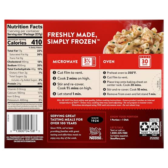STOUFFER'S RIGATONI PASTA WITH CHICKEN AND PESTO 8.5 OZ