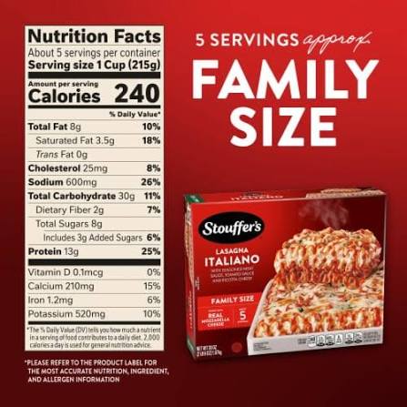 STOUFFER'S LASAGNA ITALIANO FAMILY SIZE WITH MEAT SAUCE 38 OZ