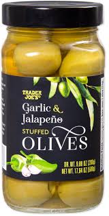 TRADER JOES GARLIC AND JALAPENO STUFFED OLIVES 17.64 OZ #ROCK VALUE-ORDER BY TUESDAY EVENING AUGUST 19 ARRIVING AUGUST 27 FOR DELIVERY#