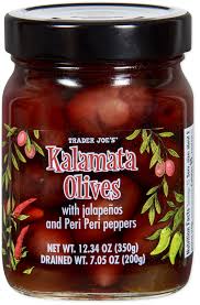 TRADER JOES KALAMATA OLIVES WITH JALAPENOS AND PERI PERI PEPPERS 12.67 OZ #ROCK VALUE-ORDER BY TUESDAY EVENING AUGUST 19 ARRIVING AUGUST 27 FOR DELIVERY#