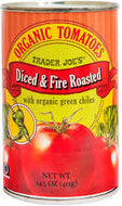 TRADER JOES ORGANIC DICED & FIRE ROASTED TOMATOES WITH GREEN CHILES 14.5 OZ #ROCK VALUE-ORDER BY TUESDAY EVENING AUGUST 19 ARRIVING AUGUST 27 FOR DELIVERY#