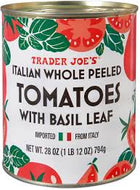 TRADER JOES ITALIAN WHOLE PEELED TOMATOES WITH  BASIL LEAF 28 OZ #ROCK VALUE-ORDER BY TUESDAY EVENING AUGUST 19 ARRIVING AUGUST 27 FOR DELIVERY#