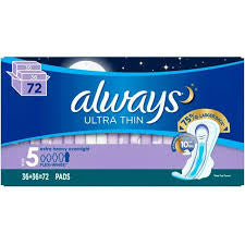 ALWAYS EXTRA HEAVY OVERNIGHT ULTRA THIN 72 PADS SIZE 5