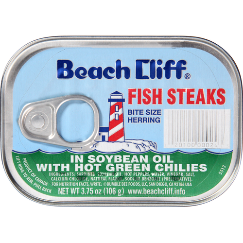 BEACH CLIFF FISH STEAKS SOYBEAN OIL WITH HOT GREEN CHILIES 3.75 OZ