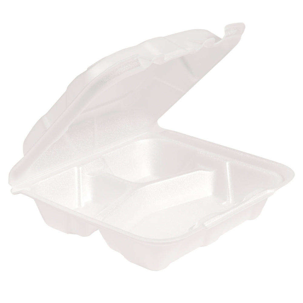 GFS Medium 8.4 x 8.2 x 3 Inch Foam 3-Compartment Containers, White, Hinged, with Optional Venting, Polystyrene, 150 Ct 2Case