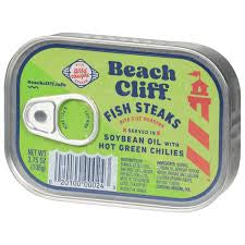 BEACH CLIFF FISH STEAKS IN SOYBEAN OIL WITH HOT GREEN CHILLIES 3.75 OZ